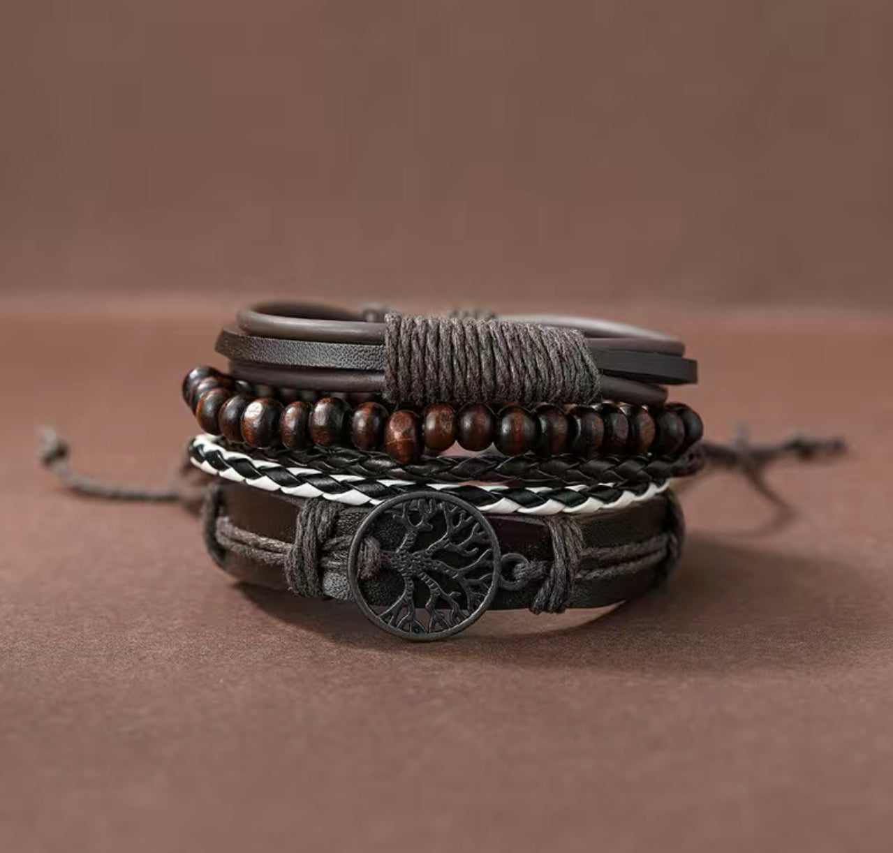 4pcs/Set Braided Wrap Leather Bracelets For Men Vintage, Life Tree Charm