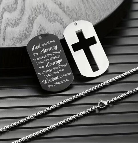 Serenity Prayer Stainless Steel Dog Tag Cross Necklace Men’s