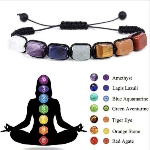 Natural Stone Cube Tube Gemstone Braided Bracelet for 7 Chakra Spiritual Healing