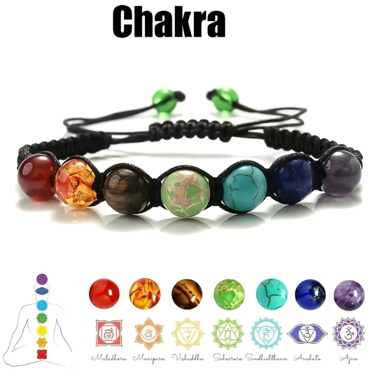 Natural Stone Bead Tube Gemstone Braided Bracelet for 7 Chakra Spiritual Healing