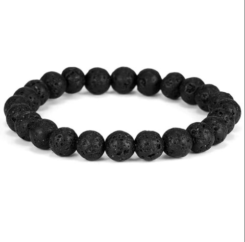 Natural Matte Black Lava Rock Stone Bracelet Stretch 8mm Round Beads Mens Unisex