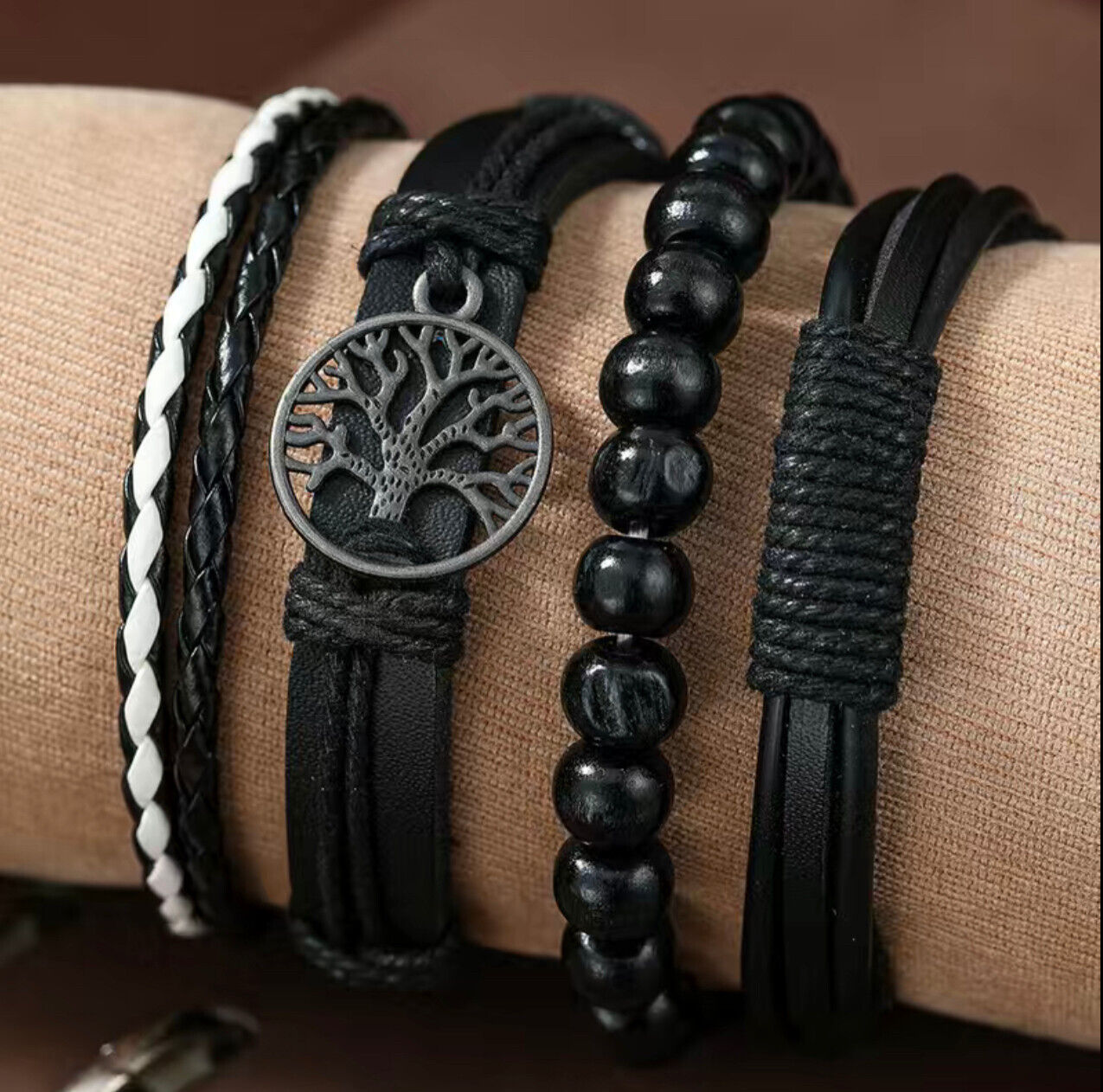 4pcs/Set Braided Wrap Leather Bracelets For Men Vintage, Life Tree Charm