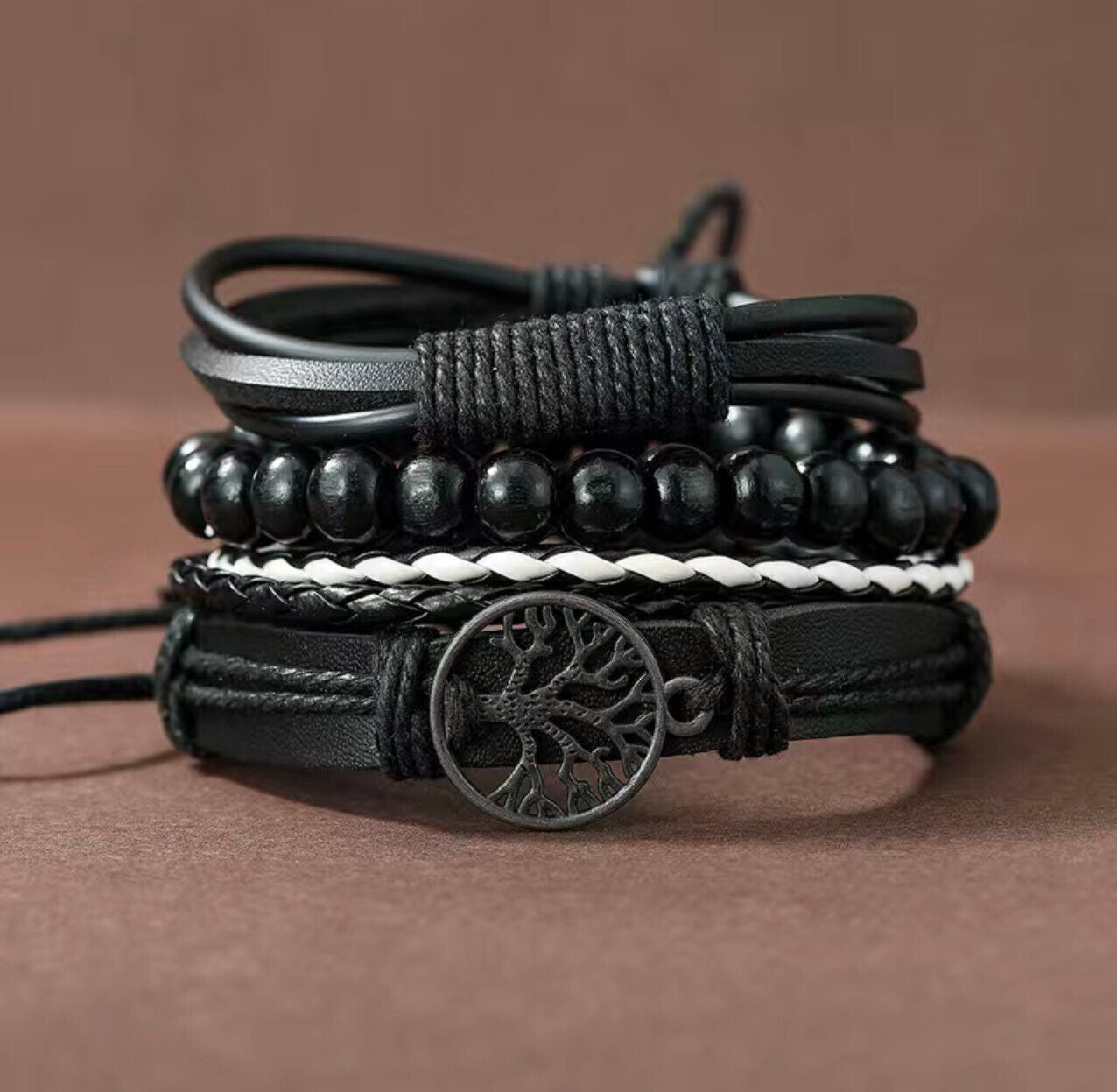 4pcs/Set Braided Wrap Leather Bracelets For Men Vintage, Life Tree Charm