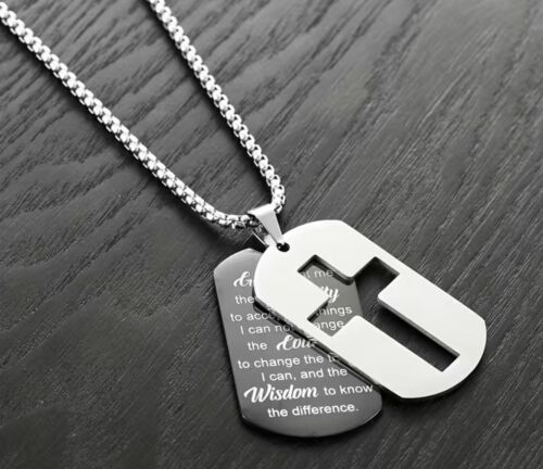 Serenity Prayer Stainless Steel Dog Tag Cross Necklace Men’s