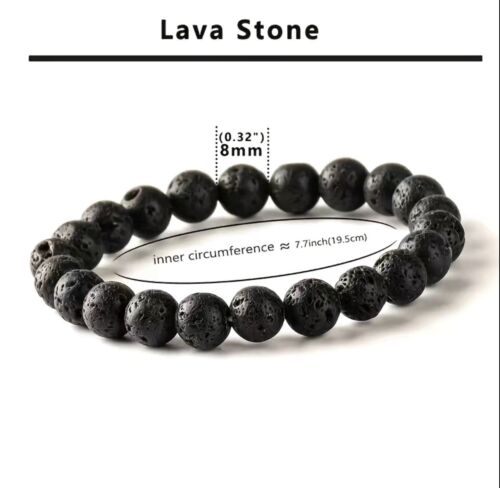 Natural Matte Black Lava Rock Stone Bracelet Stretch 8mm Round Beads Mens Unisex