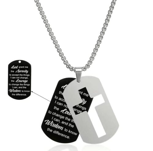 Serenity Prayer Stainless Steel Dog Tag Cross Necklace Men’s