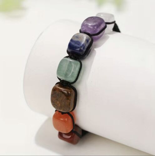 Natural Stone Cube Tube Gemstone Braided Bracelet for 7 Chakra Spiritual Healing